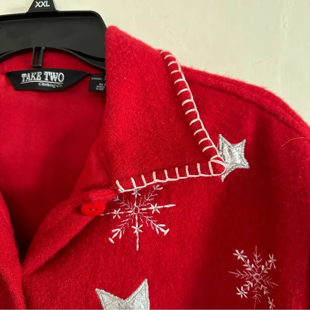 Vintage Take Two Christmas Wool Blend Sweater Coat Sz M Red Embroidered Snowman - Picture 4 of 15